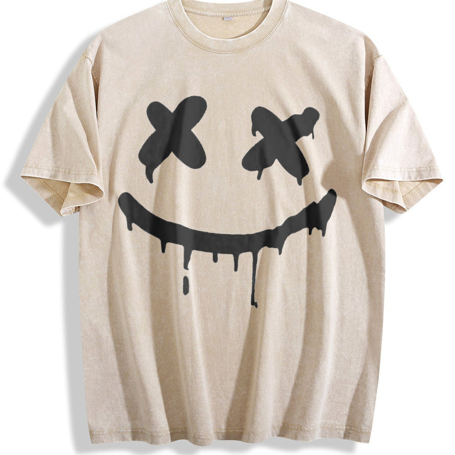 Minimal Drip Face X Eyes Sleeveless Muscle Tank Vintage Washed T-Shirt in Beige