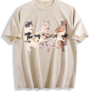 Rock Band Cats Retro Guitar Cat Vintage Washed T-Shirt in Beige