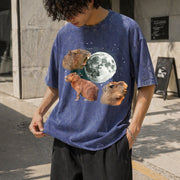 Capybara Moon Retro Meme Moon Vintage Washed T-Shirt in Blue