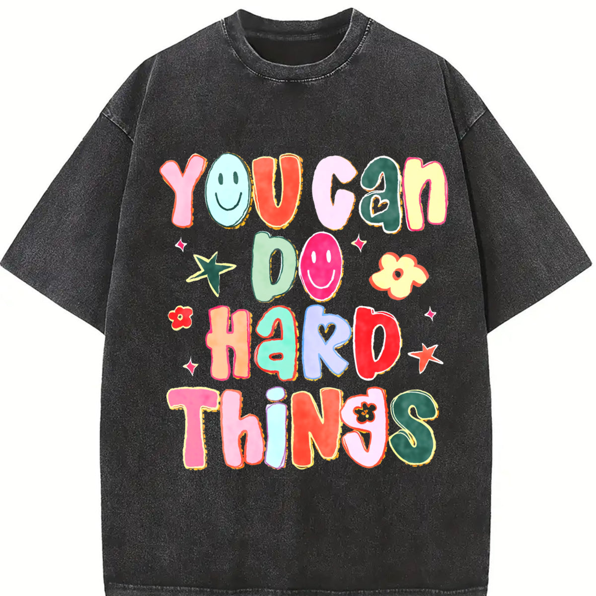 You Can Do Hard Things Hand Drawn Motivational Teacher Vintage Washed T-Shirt in Black