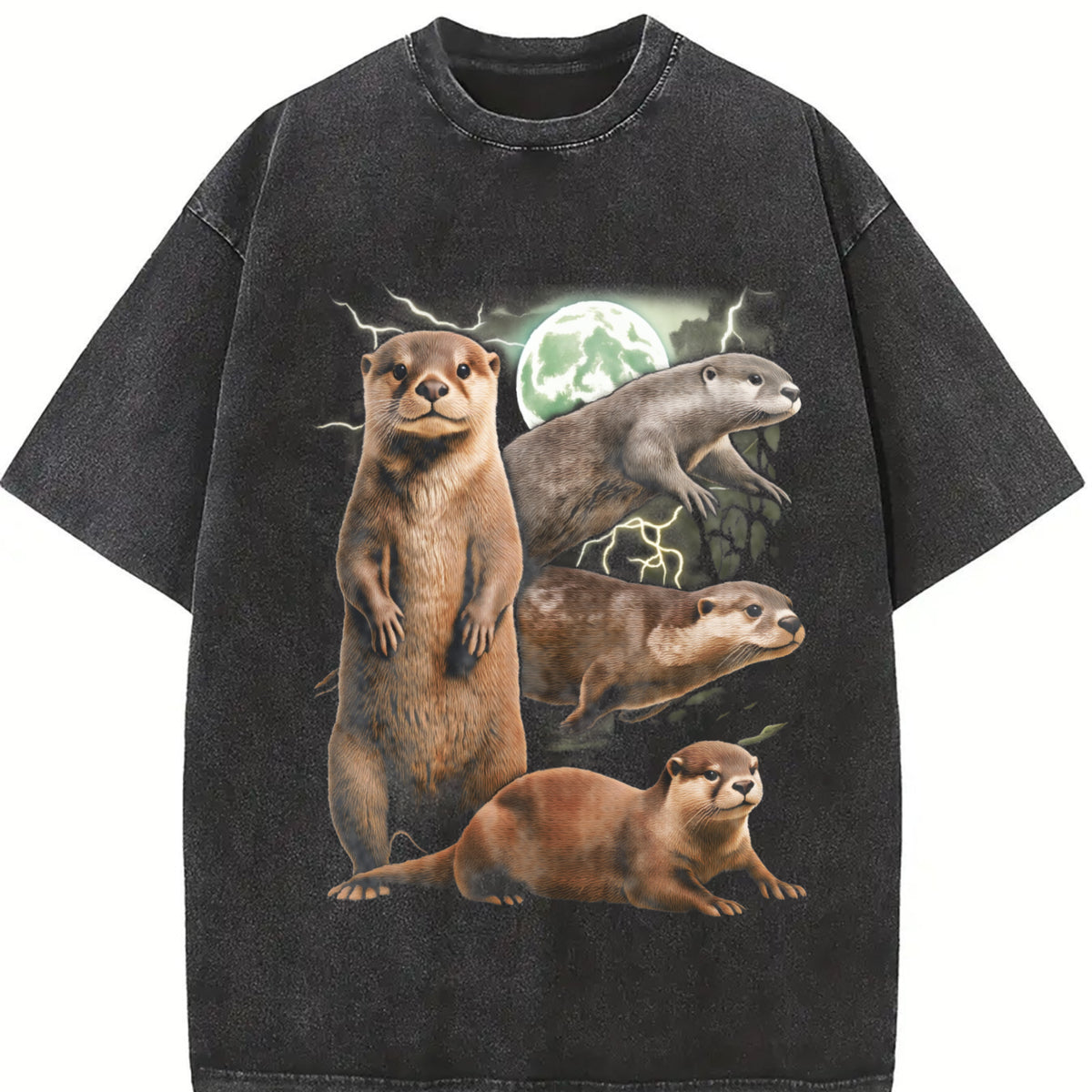 Otters 90s Retro Moon Animal Vintage Washed T-Shirt in Black