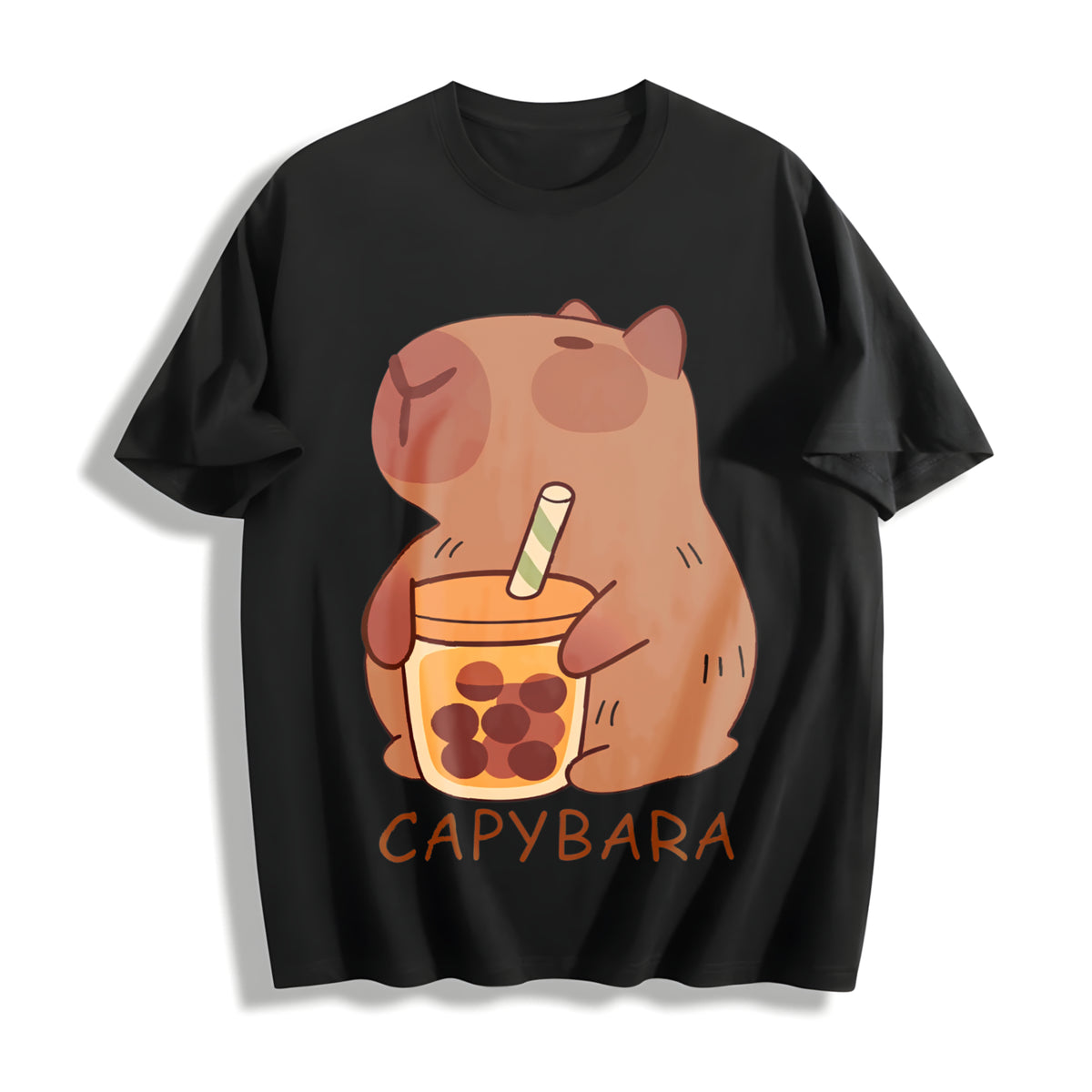 Cute Capybara & Capybara Tea Cotton T-Shirt in Black