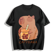Cute Capybara & Capybara Tea Cotton T-Shirt in Black