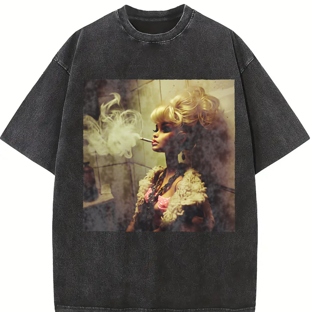 Smoking Glam Doll Vintage Washed T-Shirt in Black