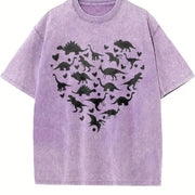 Heart-shaped Dinosaur 1pc Vintage Washed T-Shirt in Purple