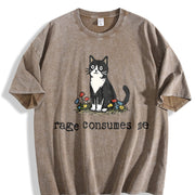 Cat Meme Rage Consumes Me and Batik vintage washed oversized T-shirt in Brown