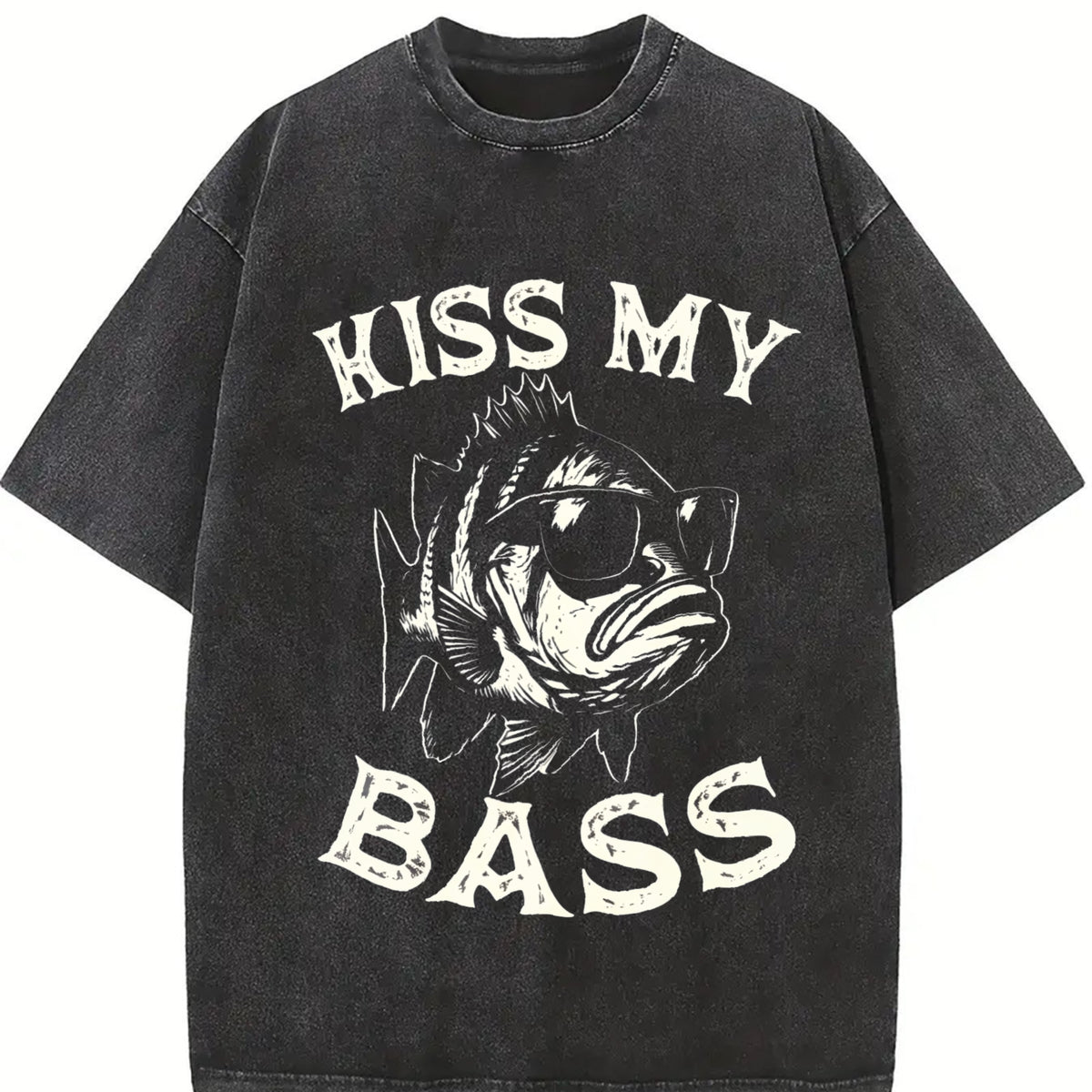 Retro Kiss My Bass Fishing Vintage Washed T-Shirt in Black