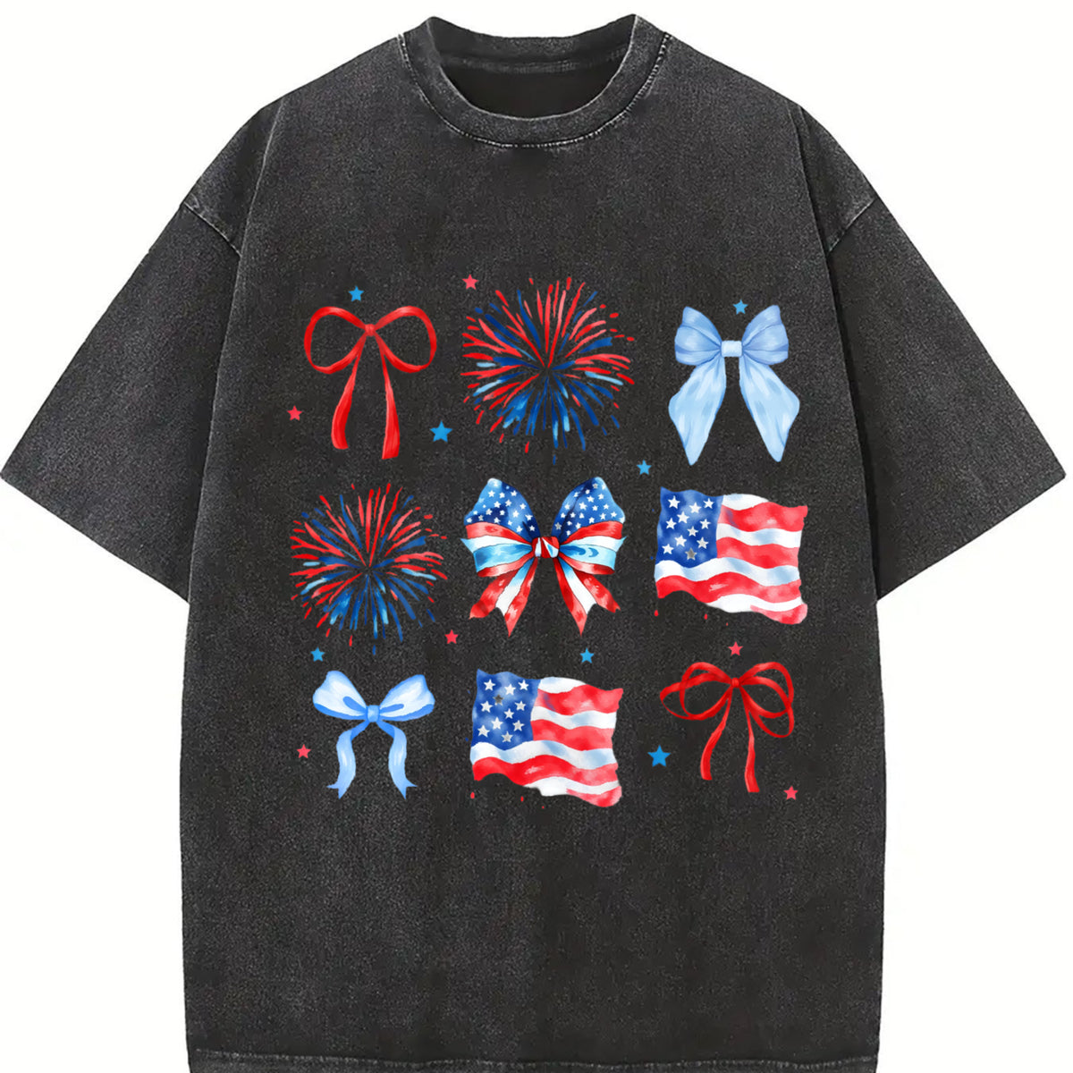 USA Coquette Bow Retro America Vintage Washed T-Shirt in Black