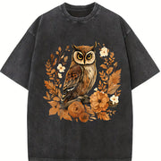 Autumn Leaf Flower Owl One-piece Vintage Washed T-Shirt in Black