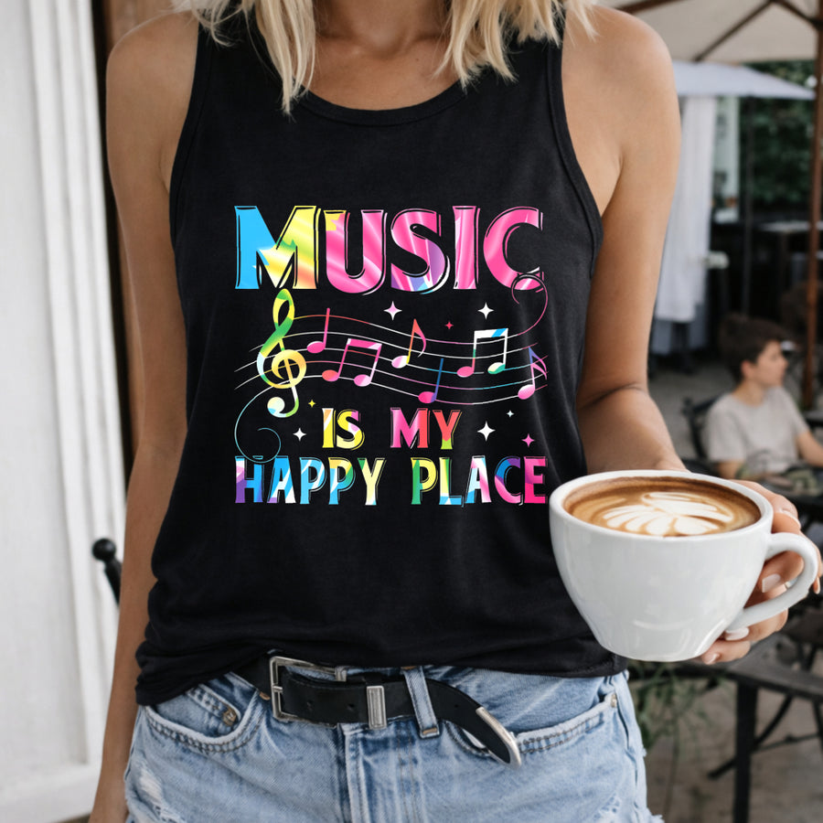 Music Is My Happy Place Women's Color Cotton Tank Top in Black