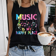 Music Is My Happy Place Crew-neck Sleeveless Vest Outdoor Women's Color Cotton Tank Top in Black