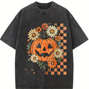 Retro Floral Pumpkin Vintage Washed T-Shirt in Black