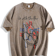 Simple Letter and Peace Heart One-piece Vintage Washed T-Shirt in Brown