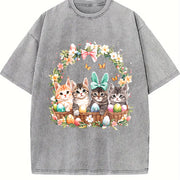 Ladies' Cat in Easter Basket Vintage Washed T-Shirt in Gray