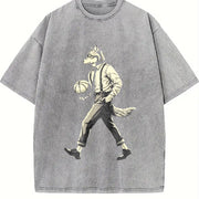 Retro Wolf Man Basketball 90s Vintage Washed T-Shirt in Gray