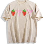 Strawberry Bow Embroidered Vintage Washed T-Shirt in Beige