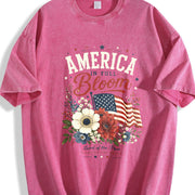 America Bloom Patriotic Floral Flag 4th of July Flowers Vintage Washed T-Shirt in Red