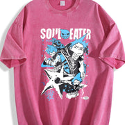Japan Anime Soul Eater Black Star Printing Loose Harajuku vintage washed oversized T-shirt in Red