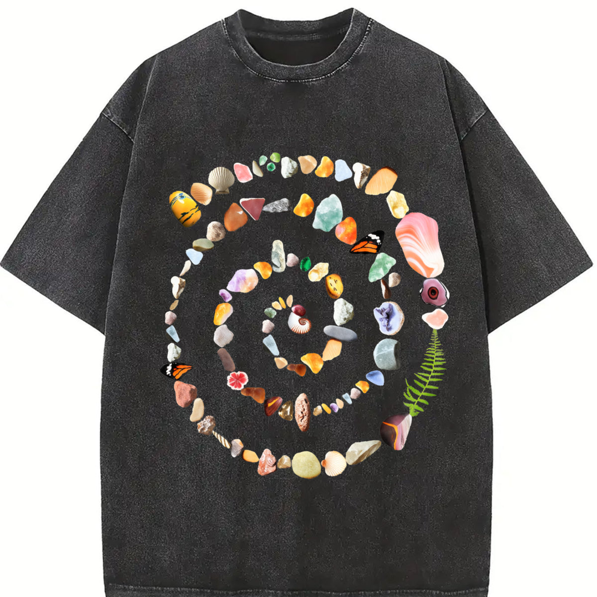 Nature Spiral 90s Retro Ocean Stones Gems Vintage Washed T-Shirt in Black
