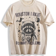 Astronaut Raccoon 90s Vintage Washed T-Shirt in Beige
