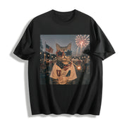 Patriotic Cat Fourth of July Cotton T-Shirt in Black