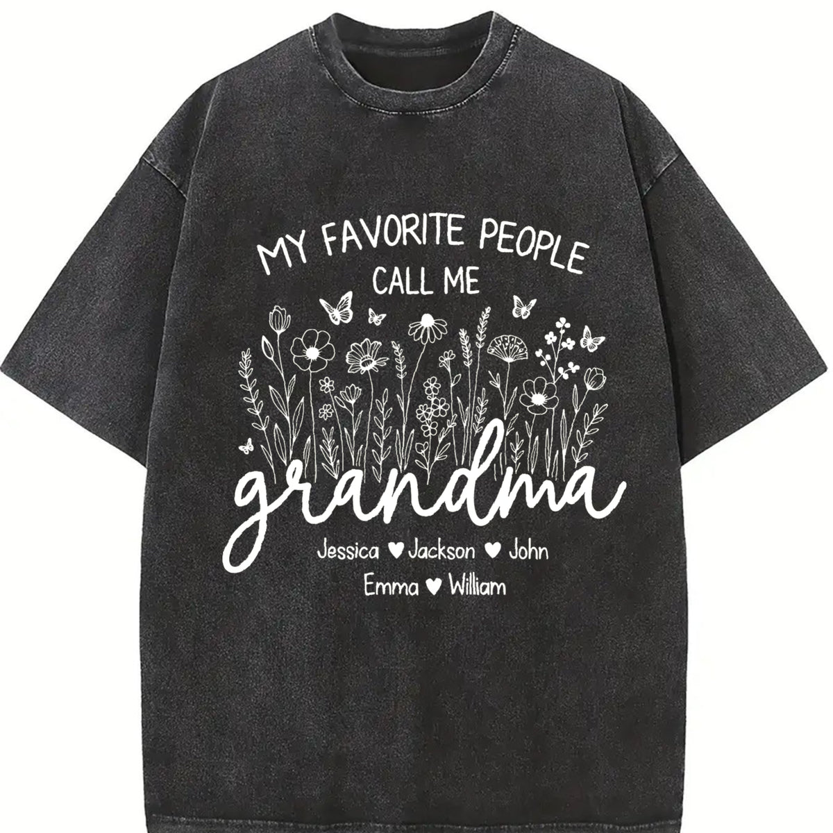 Custom Grandma with Kids Names Vintage Washed T-Shirt in Black