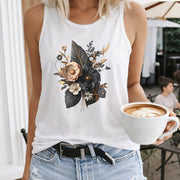 Dark Floral Bouquet Women's Color Cotton Tank Top in White