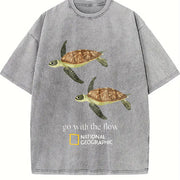 Go with the Flow Sea Turtle Ocean Nature Lover Boxy DTG Vintage Washed T-Shirt in Gray