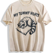 Retro Cute Raccoon My Tummy Hurts 90s Vintage Washed T-Shirt in Beige