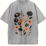 Pressed Flowers Botanical Floral Vintage Washed T-Shirt in Gray