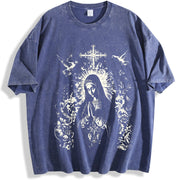 Virgin Mary Praying Faded Retro Style vintage washed oversized T-shirt in Blue