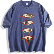 Couple Eye Embroidery vintage washed oversized T-shirt in Blue
