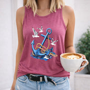 Nautical Anchor and Seagulls Women's Color Cotton Tank Top in Red