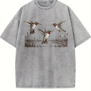 Hummingbird 90s Retro Botanical Bird Wildlife Vintage Washed T-Shirt in Gray