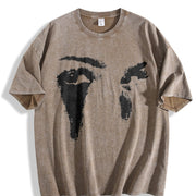 Abstract Black and White Faces Vintage Washed T-Shirt in Brown