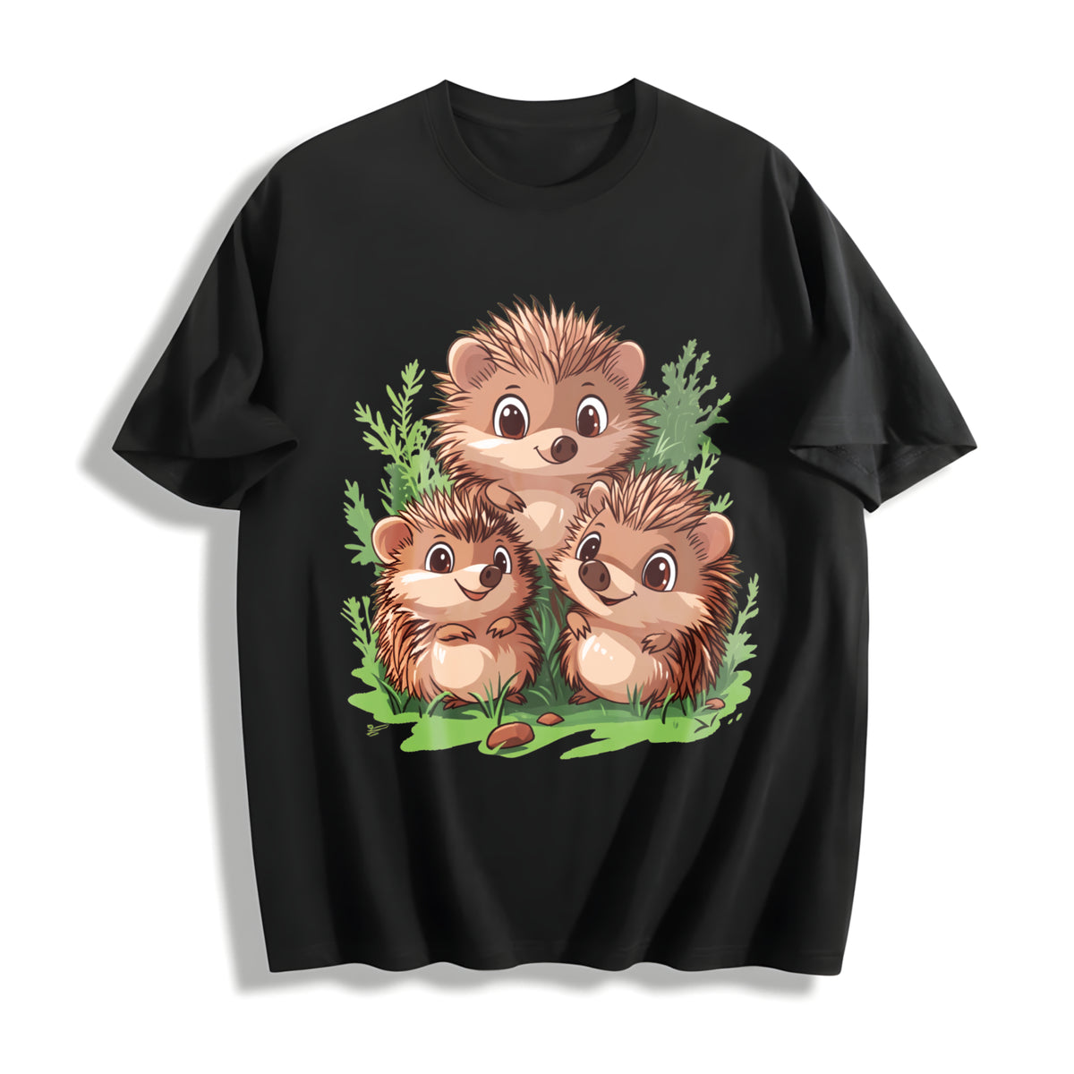 A Round-neck Short-sleeve with Three Brown Hedgehogs Cotton T-Shirt in Black