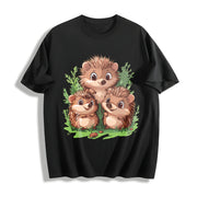 A Round-neck Short-sleeve with Three Brown Hedgehogs Cotton T-Shirt in Black