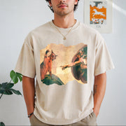 Cat Swatting God's Hand Parody Cat the Divine Swipe Vintage Washed T-Shirt in Beige