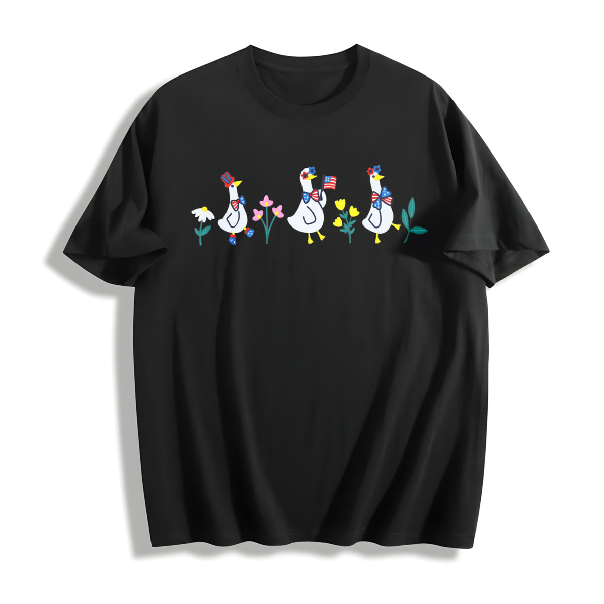 Embroidered Patriot Floral Goose Cotton T-Shirt in Black