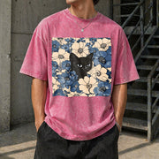Black Cat Floral Vintage Washed T-Shirt in Red