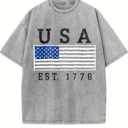Embroidered USA Flag Vintage Washed T-Shirt in Gray
