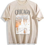 Chicago Illinois Windy City Travel Souvenir Urban Skyline Vintage Washed T-Shirt in Beige
