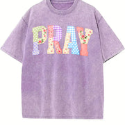 Pray Christian Faux Quilted Religious Vintage Washed T-Shirt in Purple