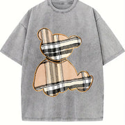 Cartoon Bear & Plaid for & Parties Bear vintage washed oversized T-shirt in Gray