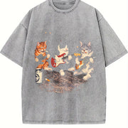 Rock Band Cats Retro Guitar Cat Vintage Washed T-Shirt in Gray
