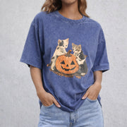 90s Cat Pumpkin Halloween vintage washed oversized T-shirt in Blue