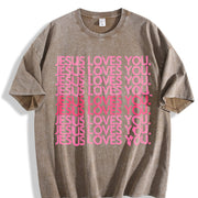 Jesus Loves You Pink Retro Christian Faith Minimalist Vintage Washed T-Shirt in Brown