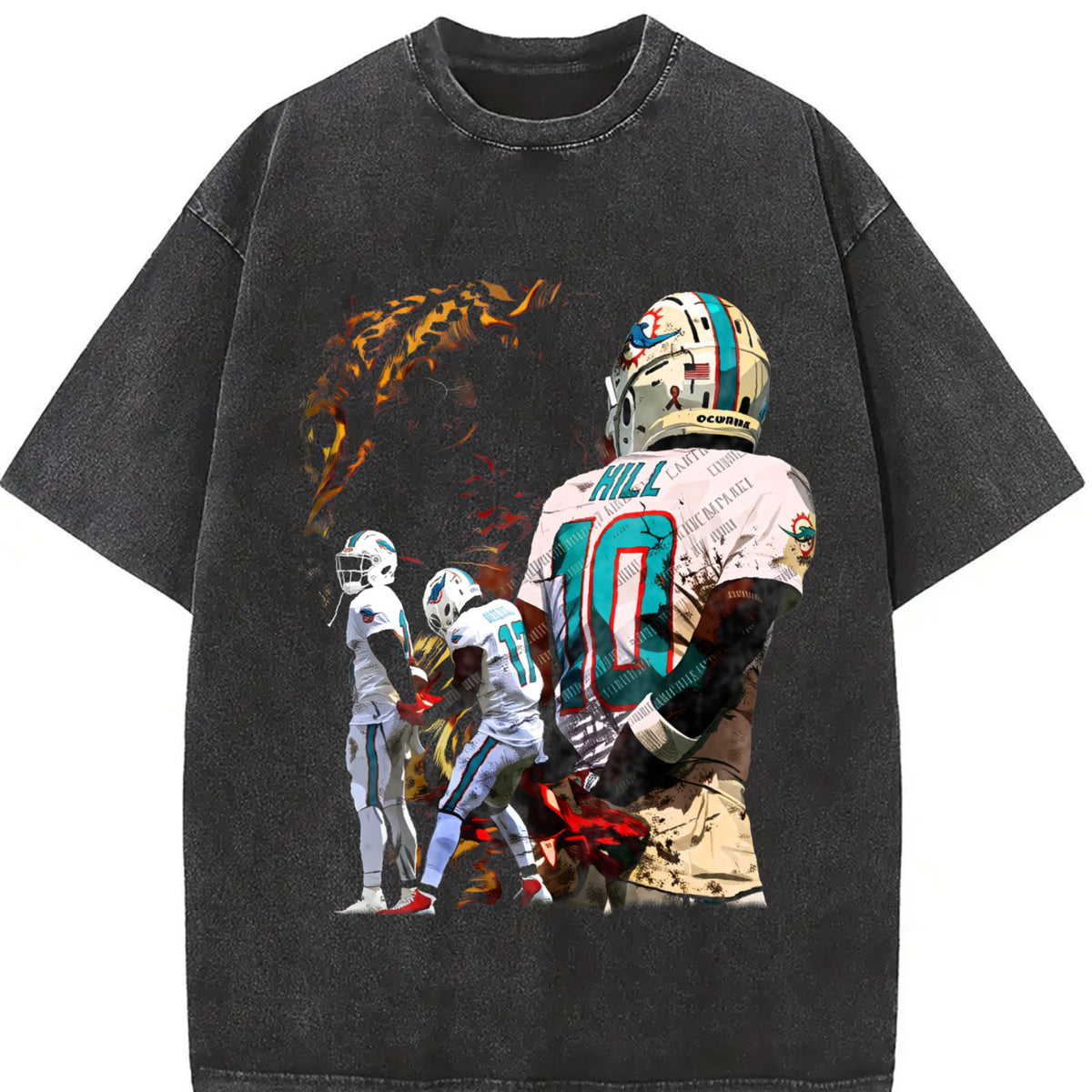 Tyreek Hill Cheetah Football Hands Behind Back Celly TD vintage washed oversized T-shirt in Black
