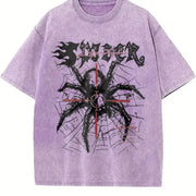 2 Piece Gothic Spider Cross Sleeveless Tank & Shorts Set Vintage Washed T-Shirt in Purple