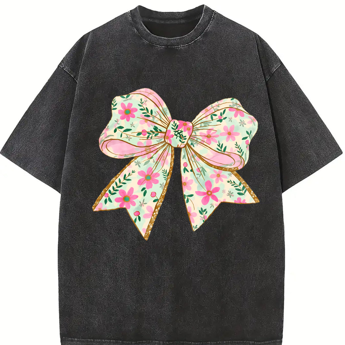 Elegant Bow Batik Retro Brand Vintage Washed T-Shirt in Black